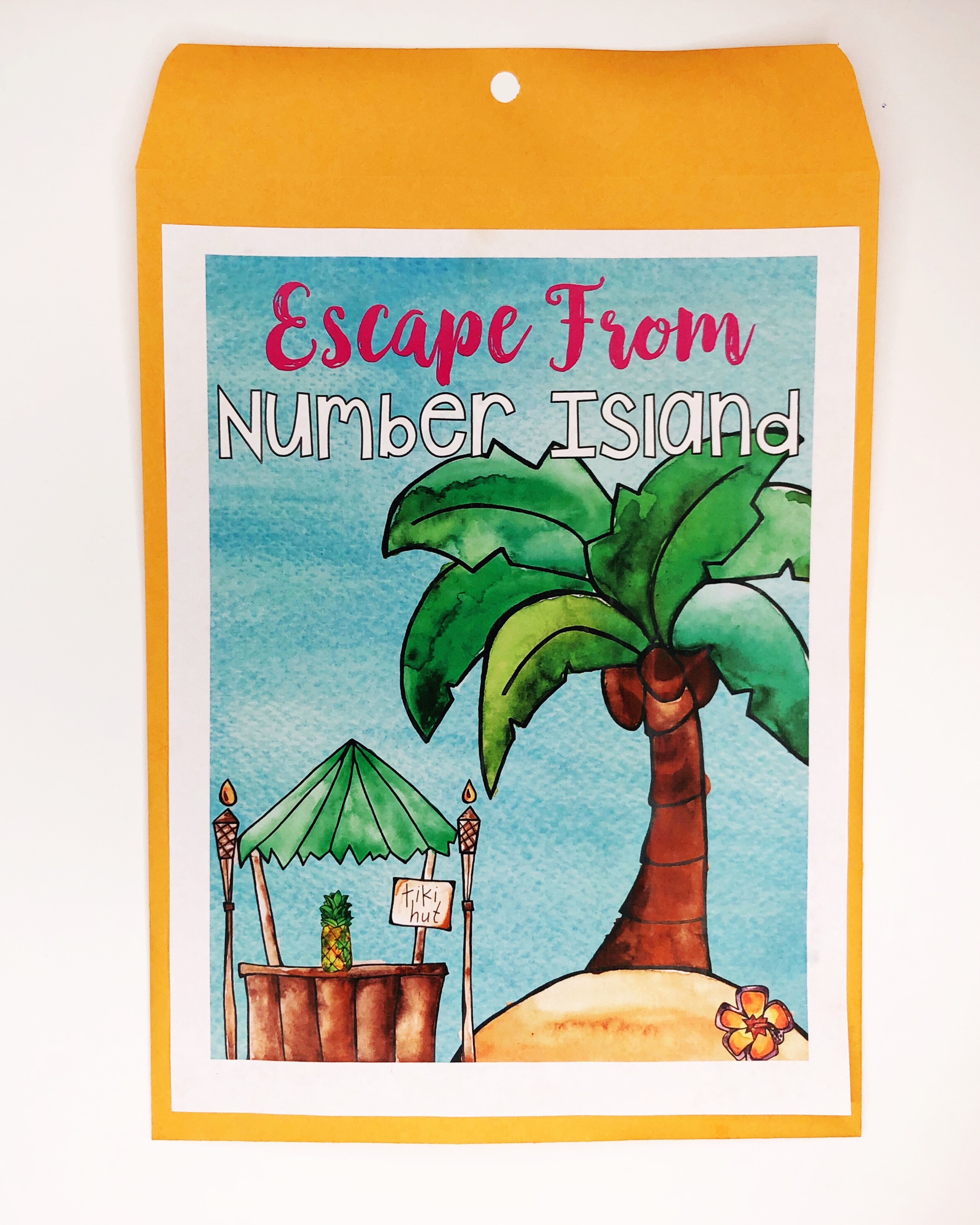 Escape classrooms envelope titled Escape From Number Island with palm tree and tiki hut illustration