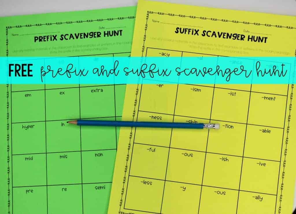 Free prefix and suffix scavenger hunt