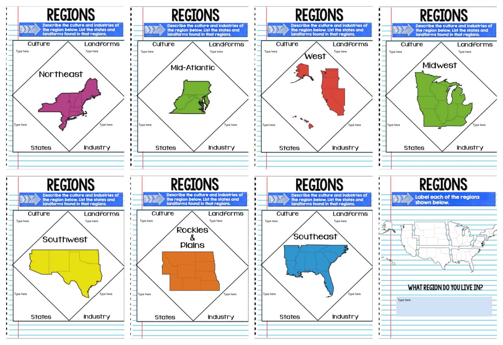 social studies interactive notebook - regions