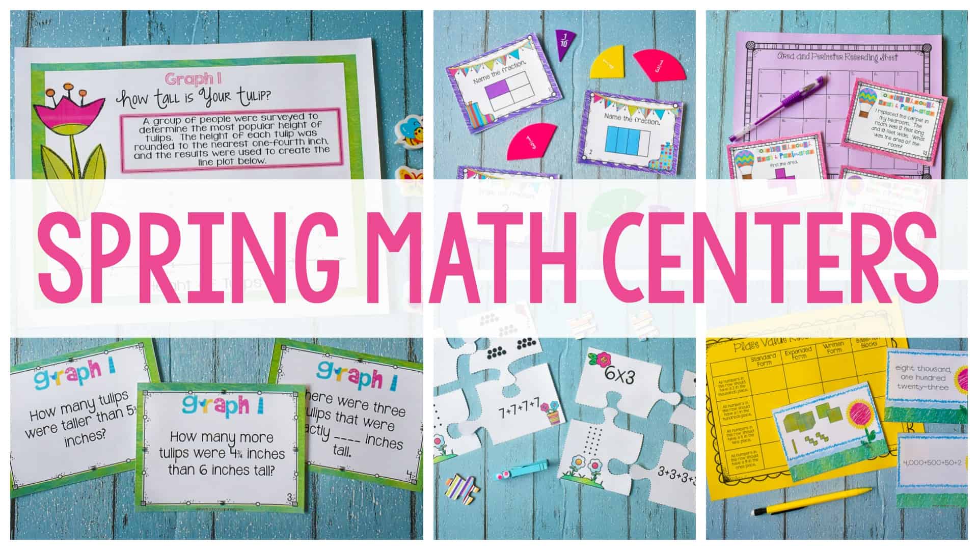 Spring Math Centers header with spring-themed worksheets over blue wood backdrops.