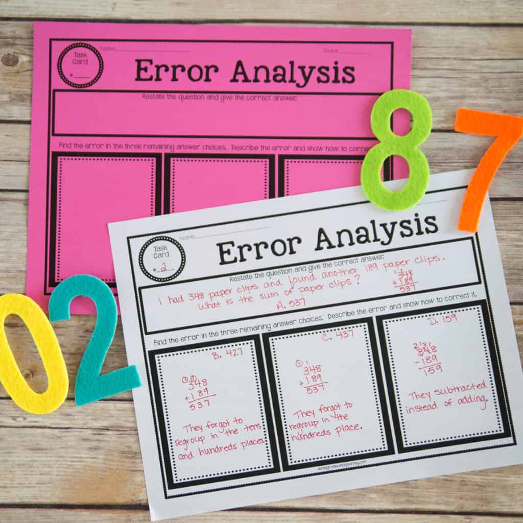 Error analysis is a really important skill for upper elementary students to master. This is when students look at a math problem that has been solved incorrectly, and they figure out where the error happened. They both explain why the error might have been made and rework the problem to get the correct answer. This is so important for test prep before state standardized testing! Click through to read my teaching tips.