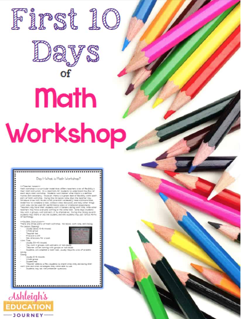 First 10 Days of Math Workshop graphic featuring an array of several colored pencils.