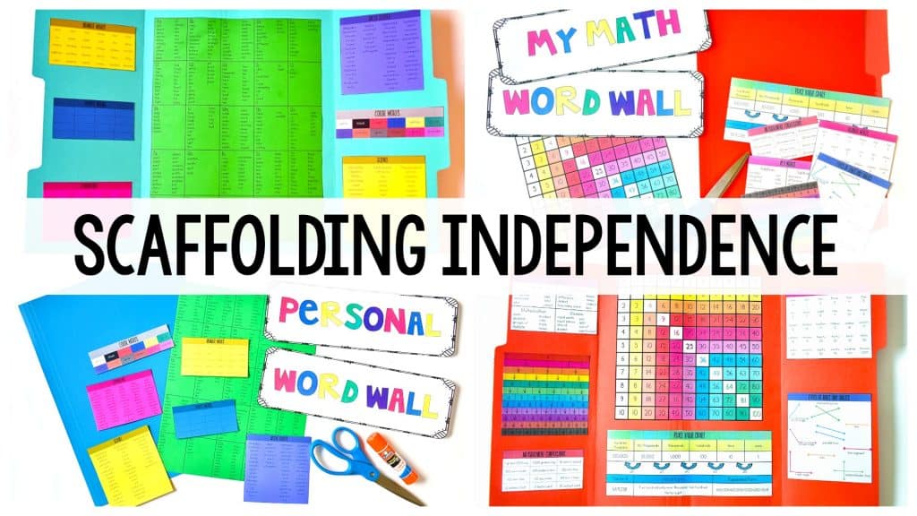 Scaffolding Student Independence graphic with brightly colored grids and sheets in the background.