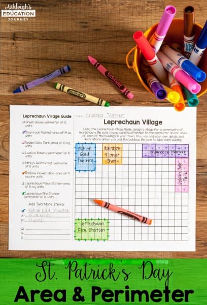 St. Patrick's Day themed worksheet to calculate area & perimeter of a leprechaun village