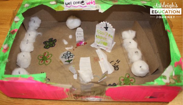 Leprechaun home made from a colorful box, paper standees and cotton balls