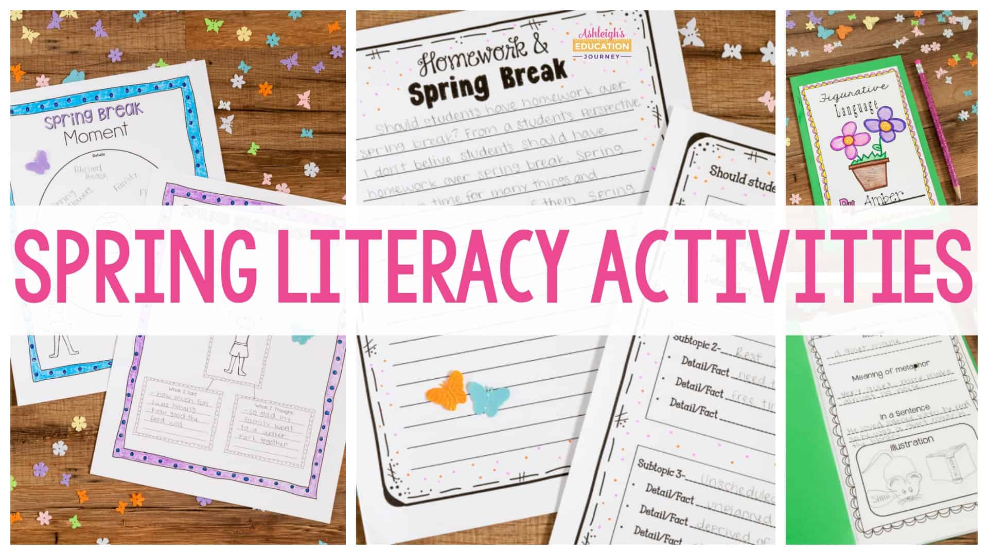 Spring Literacy Activities header with worksheets in background