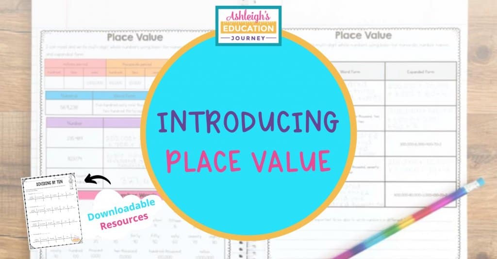 Introducing place value header image with worksheets in the background