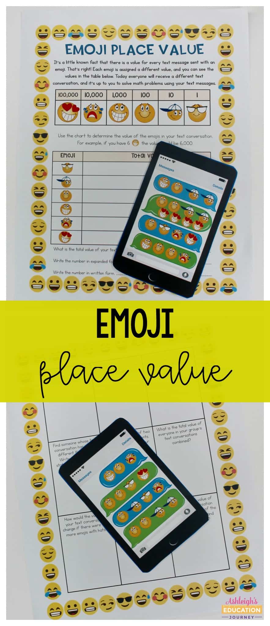 Emoji place value worksheets with paper phones