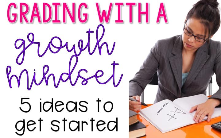 Grading With a Growth Mindset: 5 ideas to get started text with a teacher grading papers.