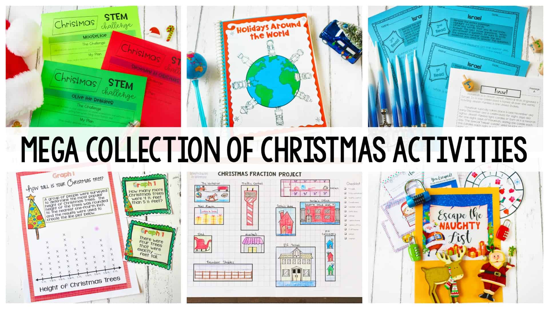 Mega Collection of Christmas Activities header with several colorful activity sheets in background