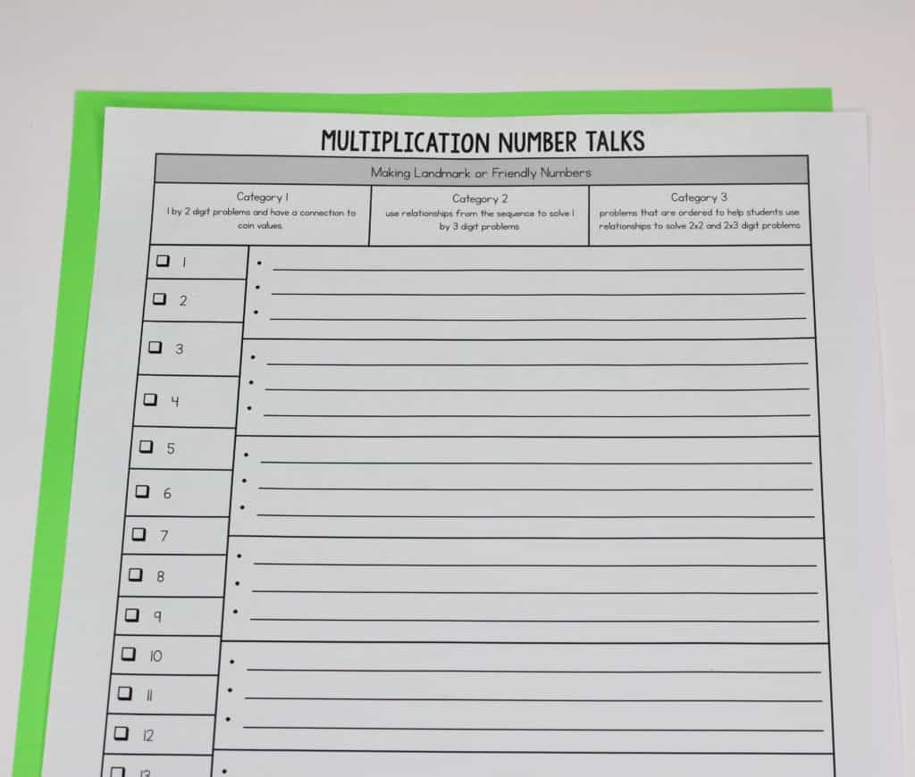 Number talks data recording sheet