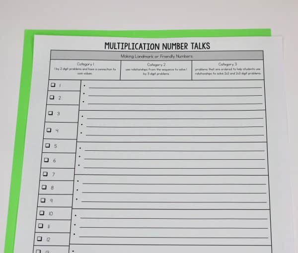 Number talks data recording sheet