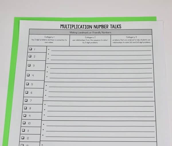 Number talks data recording sheet