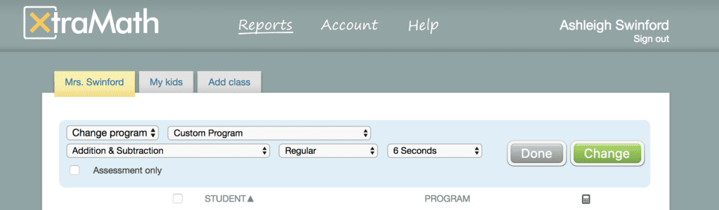 Xtra Math screenshot displaying various menus and options in a web interface.