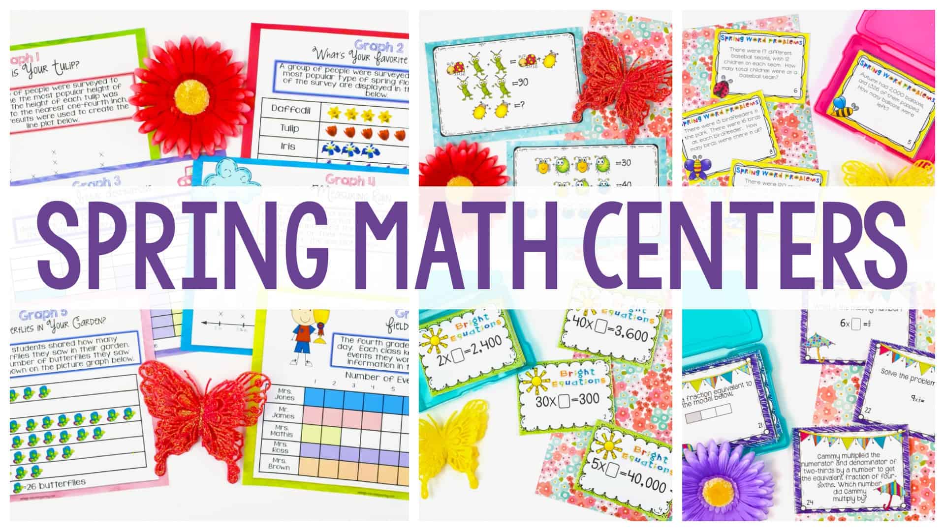 Spring Math Centers graphic with colorful spring-themed worksheets and decorations in the background.