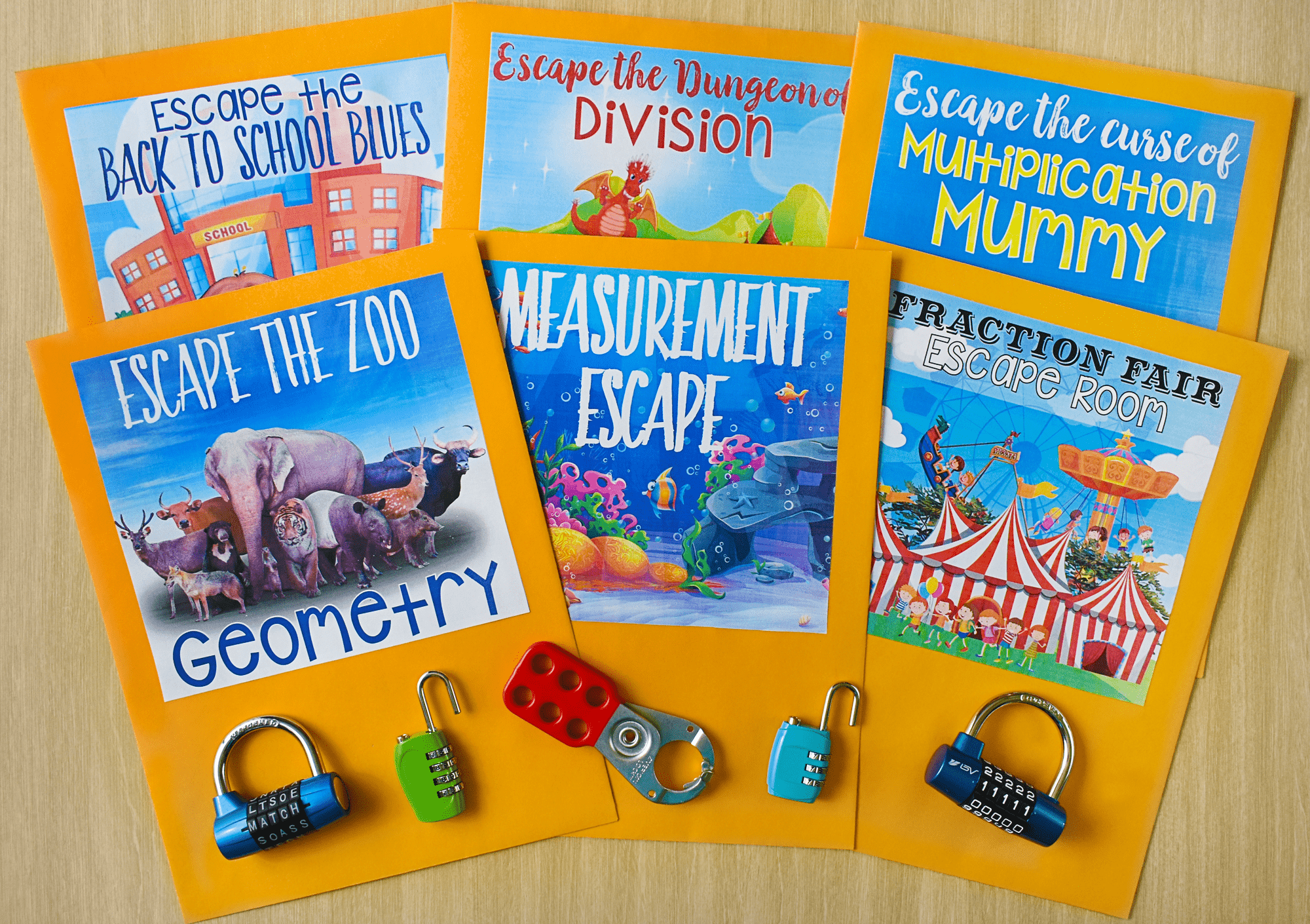 Escape classrooms envelopes with various illustrated scenarios, such as Escape the Zoo and Measurement Escape