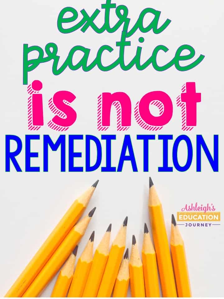 Extra practice is not remediation graphic with a lineup of sharpened pencils on a blank surface.