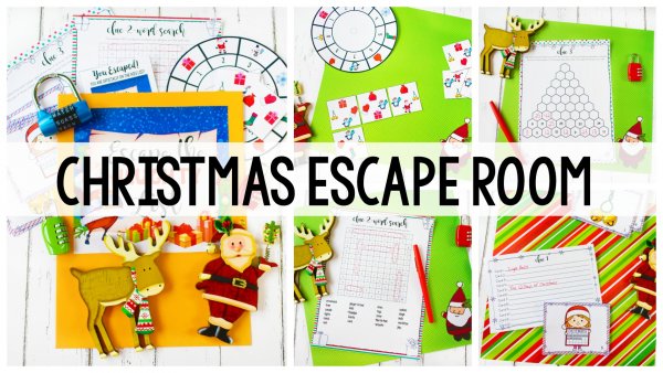 Christmas Activity: Christmas Escape Room image with holiday-themed game puzzle sheets in the background.
