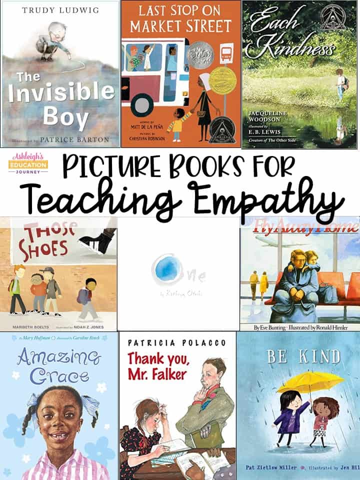 Picture Books for Teaching Empathy graphic with several book covers arranged in a collage.