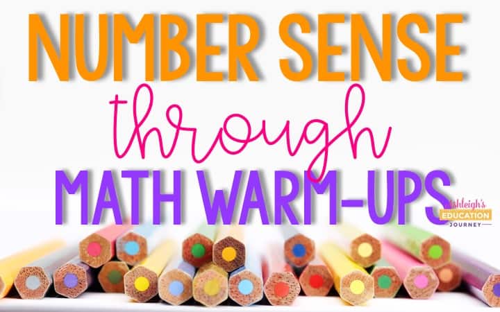 Teaching Number Sense Routines Through Math Warm-Ups image with a row of colored pencils along the bottom.