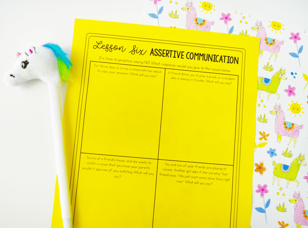 Assertive communication worksheet with a colorful pony pen to help curb relational aggression