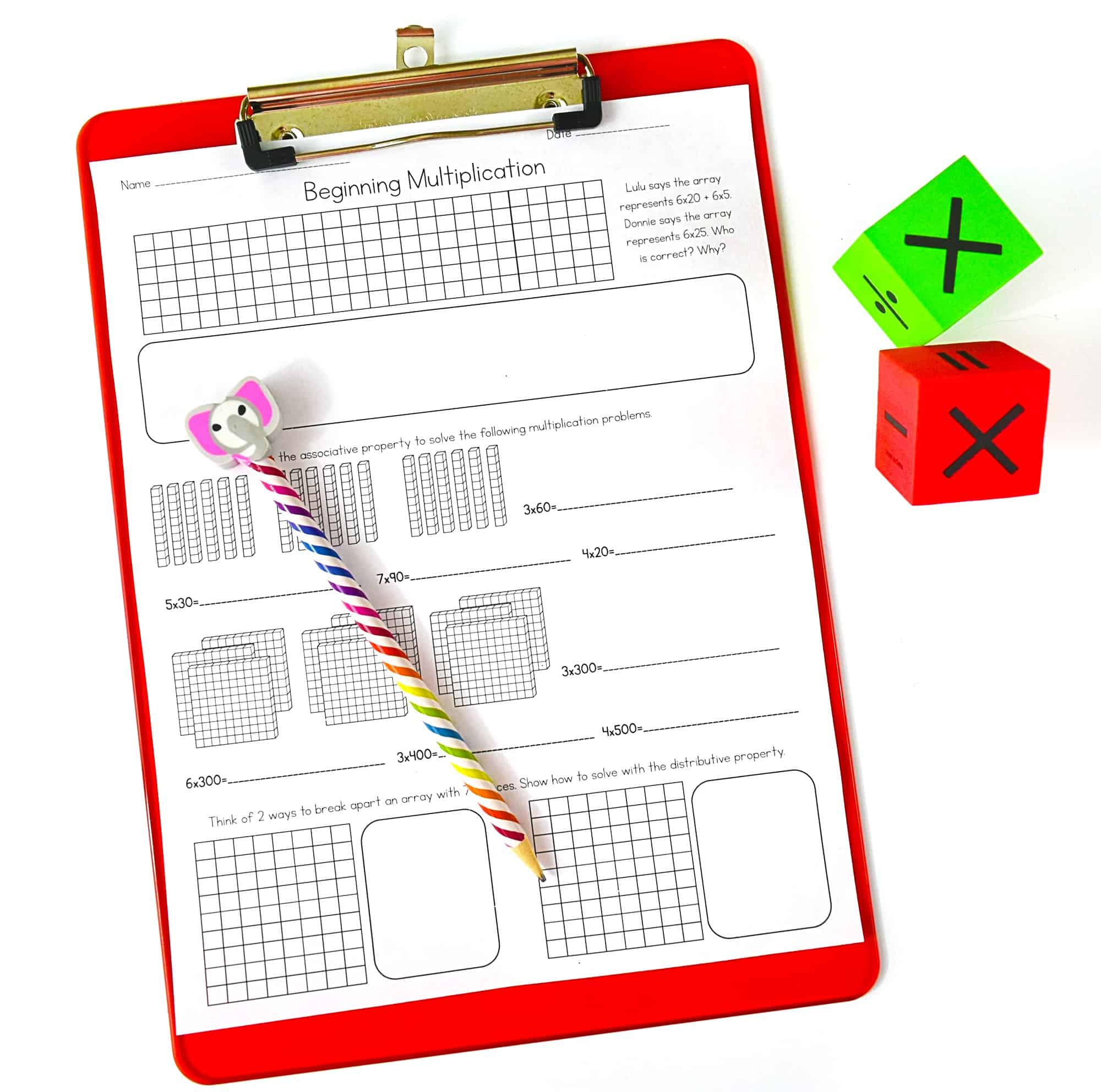 Multi-digit multiplication grid-based worksheet titled Beginning Multiplication