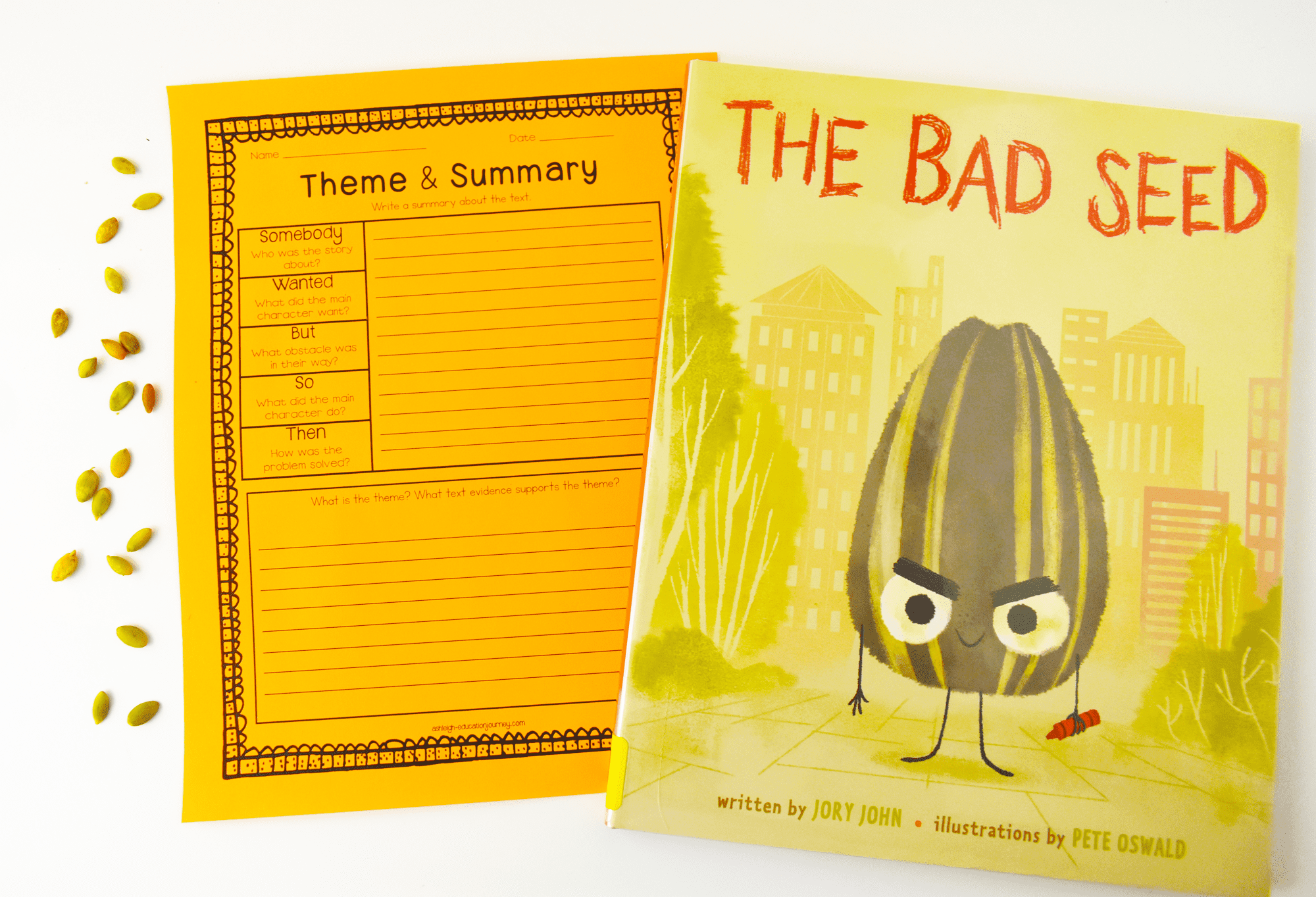 Theme & Summary Worksheet for teaching theme and The Bad Seed book cover.