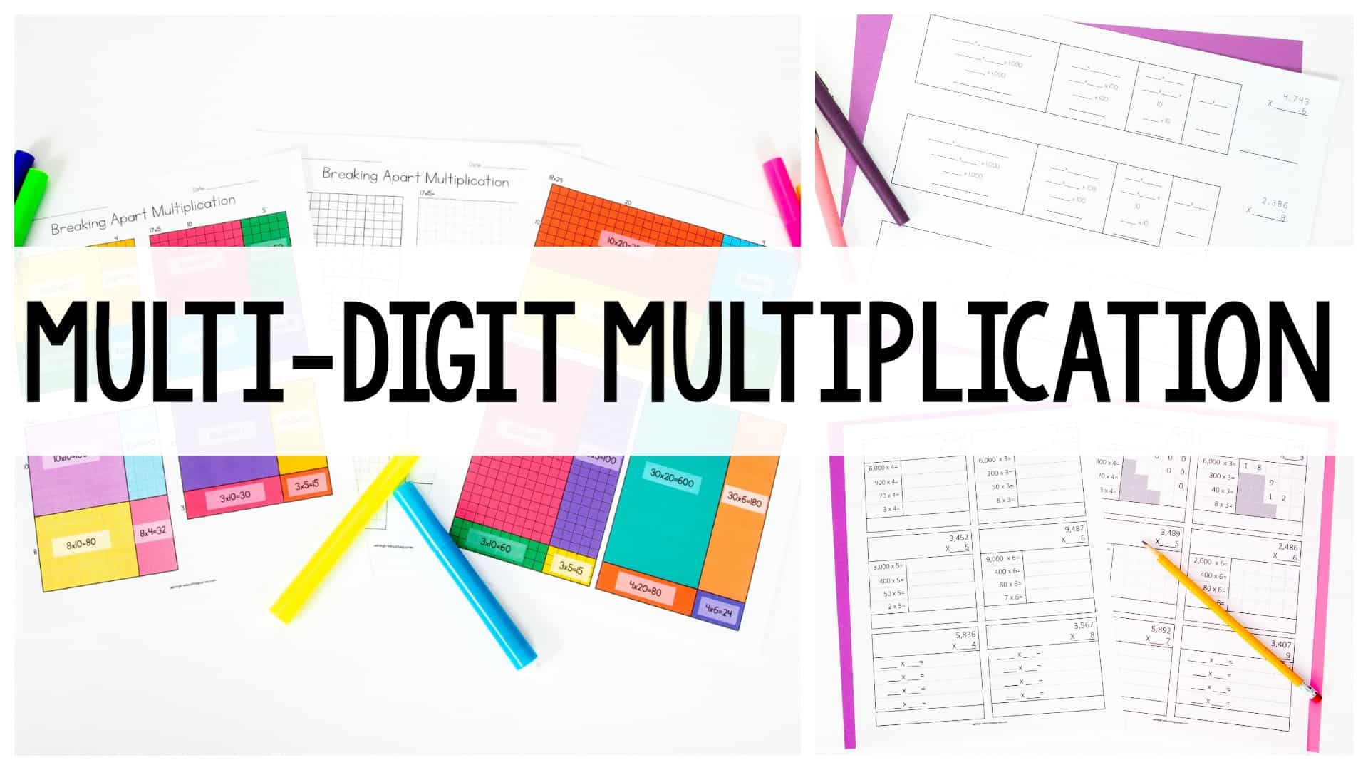 Multi-Digit Multiplication header with worksheets and tools in the background