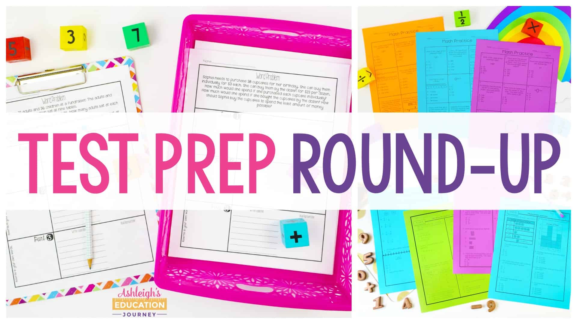 Test Prep Round-Up header with colorful test prep materials in the background