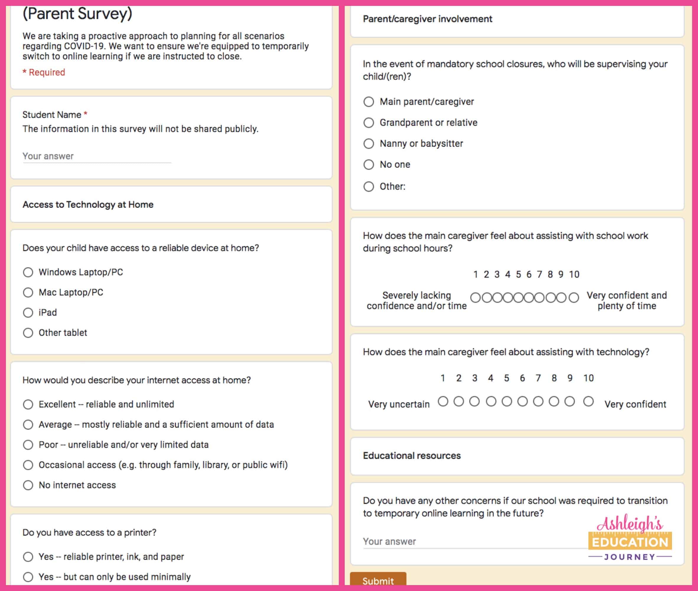 Distance learning parent survey sheet