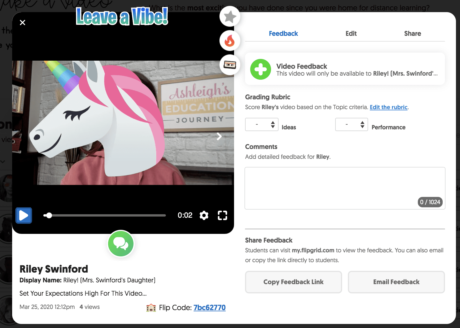 Flipgrid screenshot of video feedback screen to encourage boosted classroom community