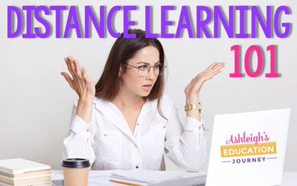Distance Learning 101 image of a teacher looking at a screen with her arms up in frustration.