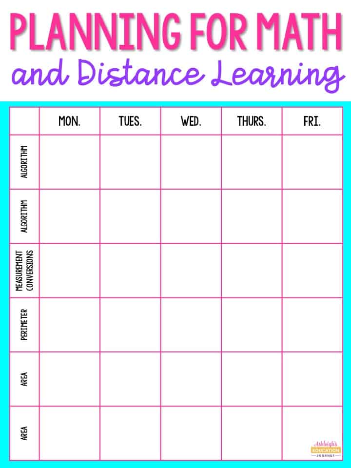 Planning for math distance learning grid-based sheet.