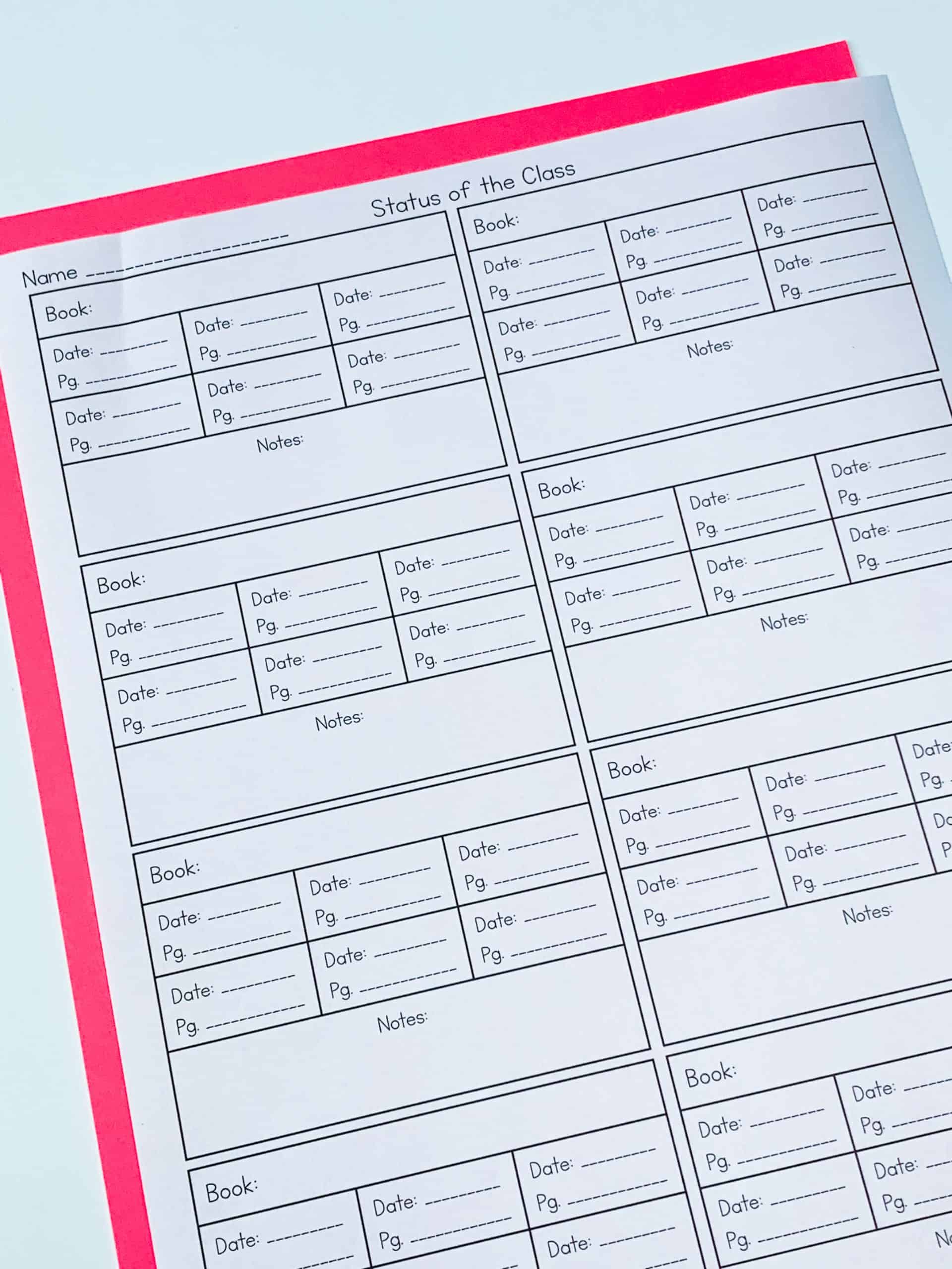 Status of the Class teacher worksheet for logging reading times by book