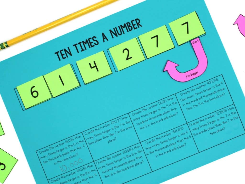 Ten times a number worksheet for teaching the value of digits