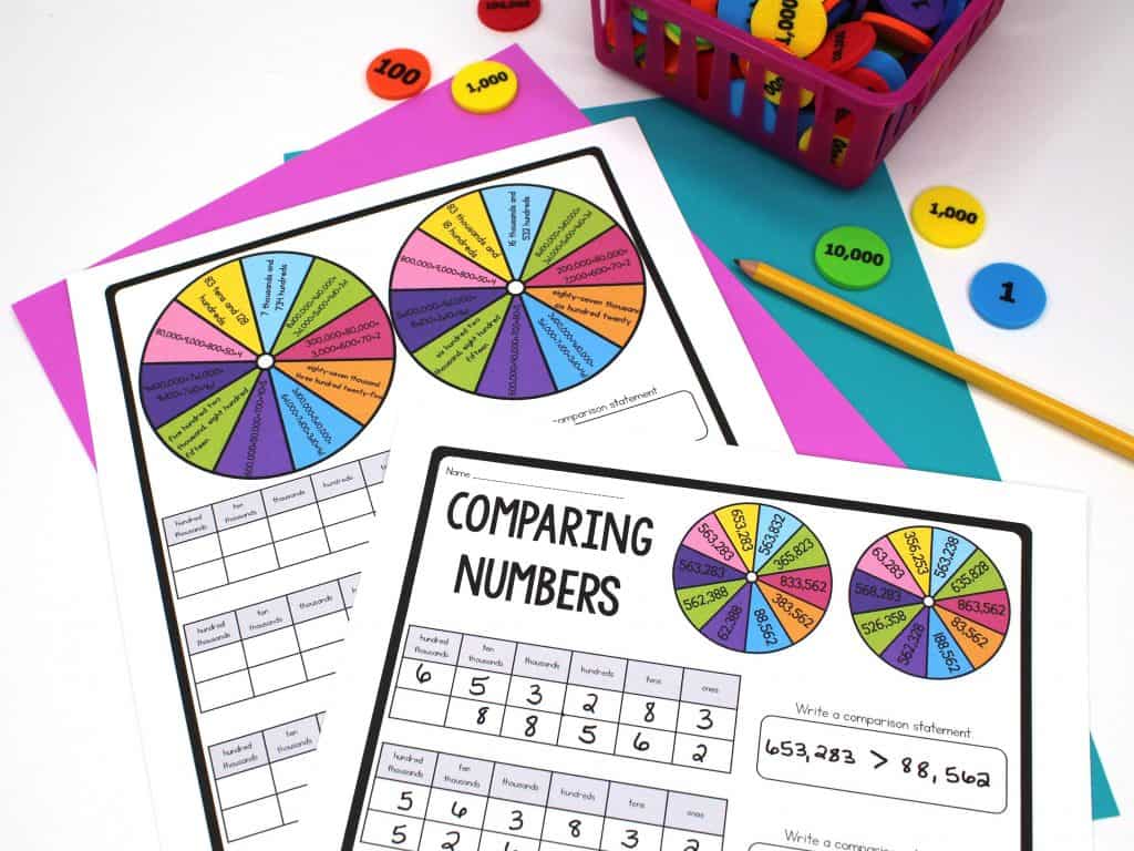 Colorful comparing numbers worksheets to help teach students the value of digits