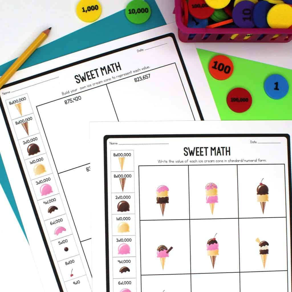 Sweet math worksheets using various ice cream cone illustrations to help teach place value