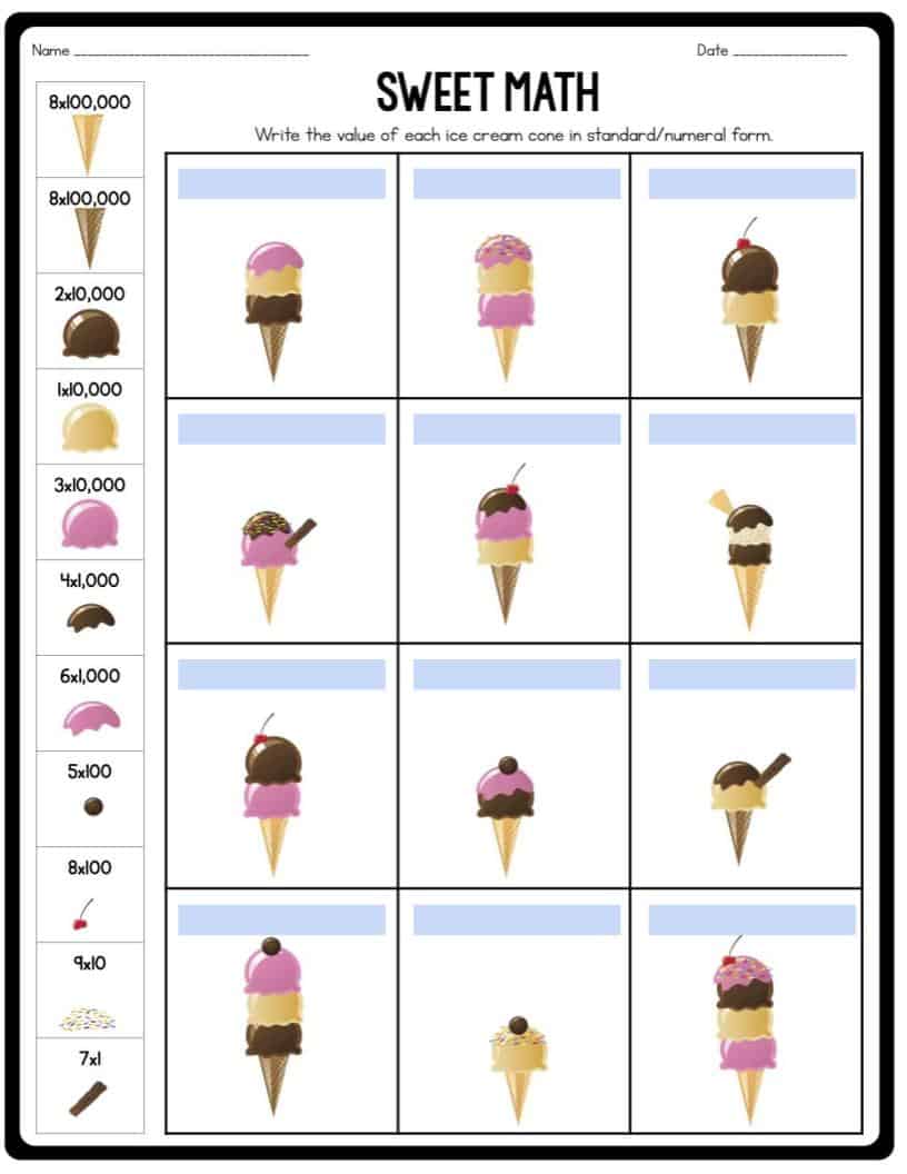 Sweet math worksheet using various ice cream cone illustrations to help teach place value