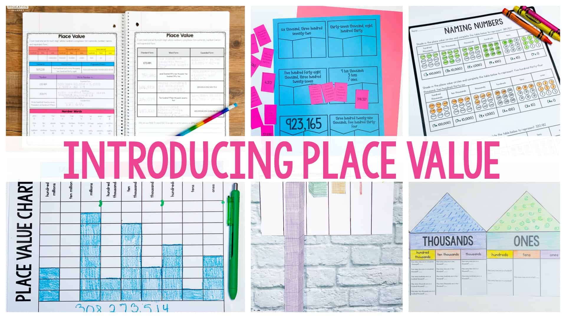 Introducing place value header image with worksheets in the background