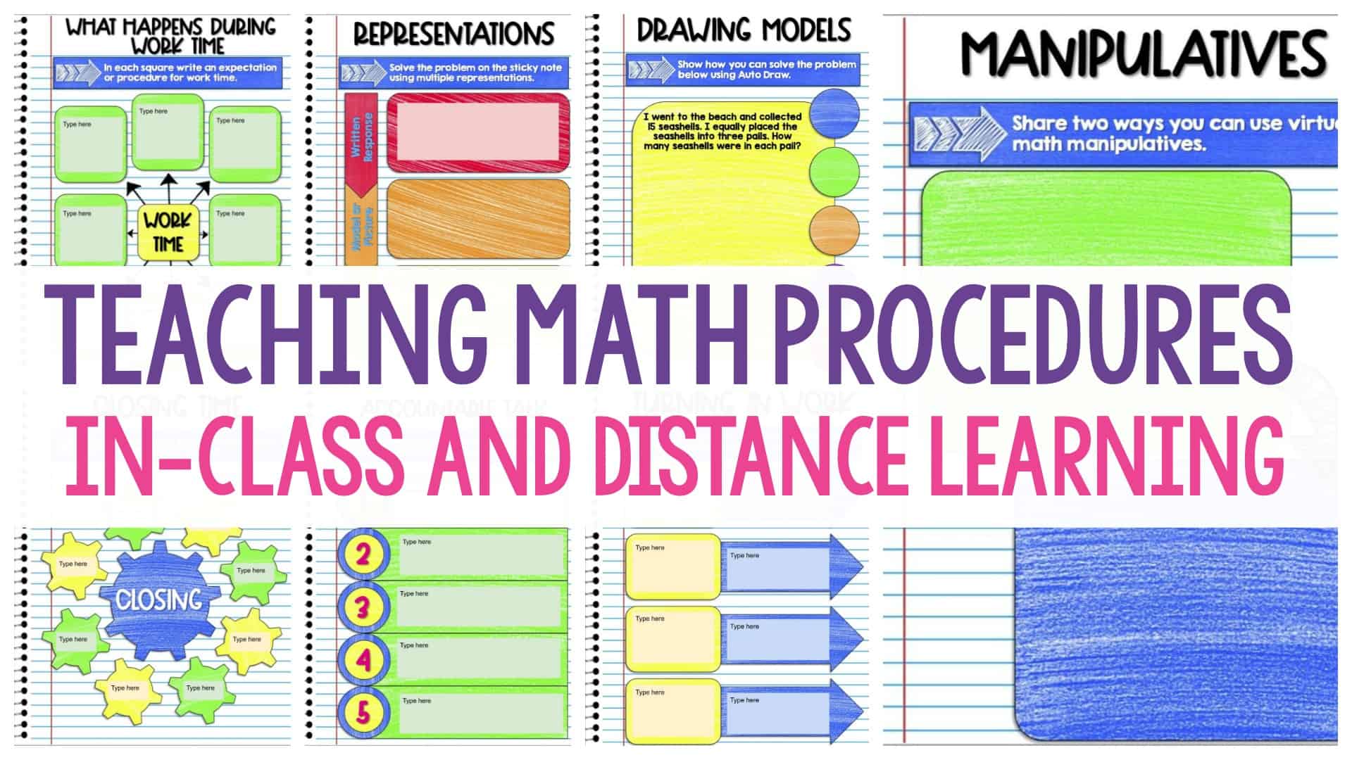 Teaching math procedures in-class and distance learning header image previewing multiple worksheets