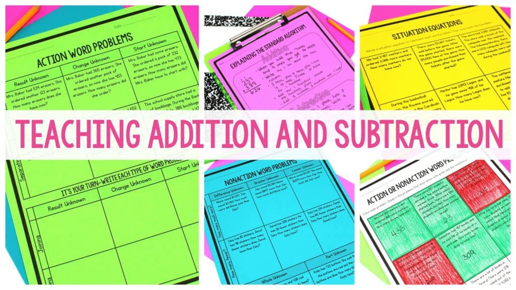 Teaching addition and subtraction featured image with neon-colored math worksheets in the background