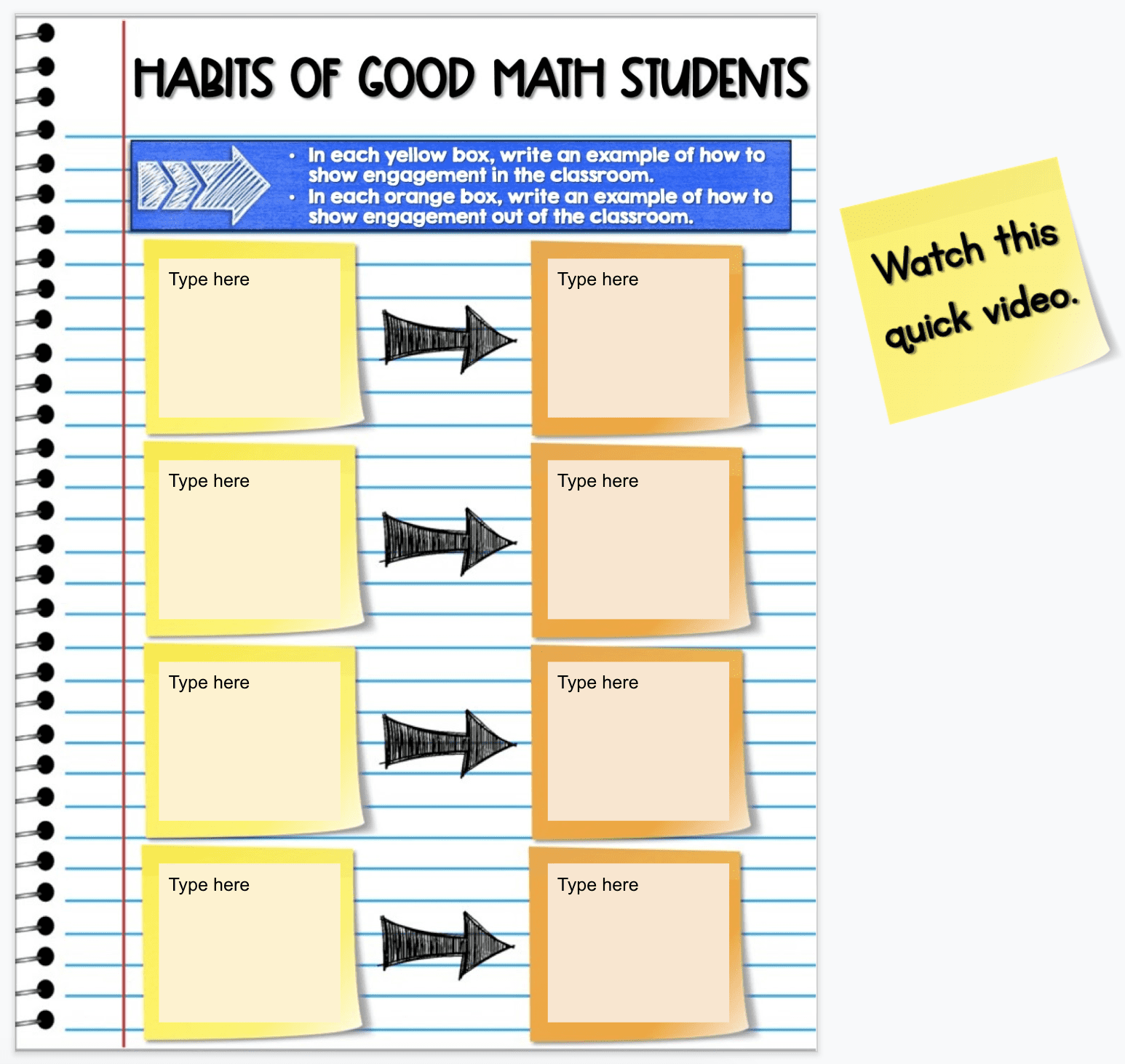 Habits of good math students interactive worksheet with multiple text fields to input good habits