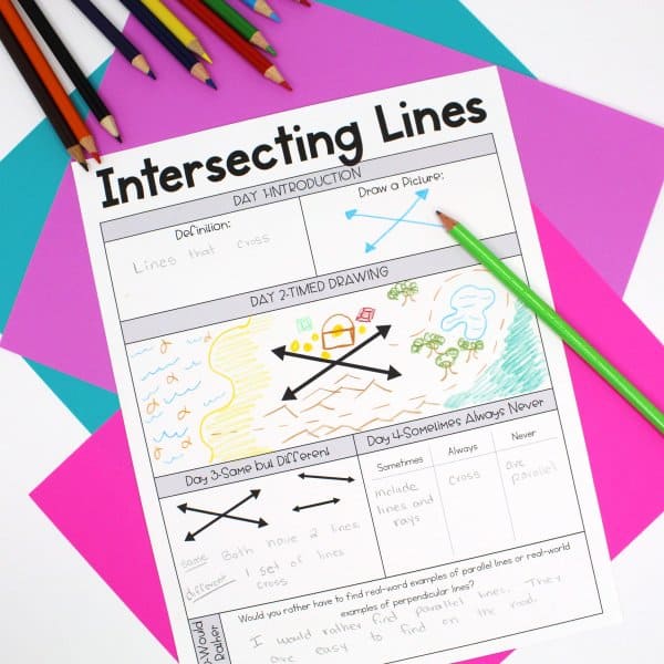 Worksheet for learning about intersecting lines on table with brightly-colored construction paper and colored pencils