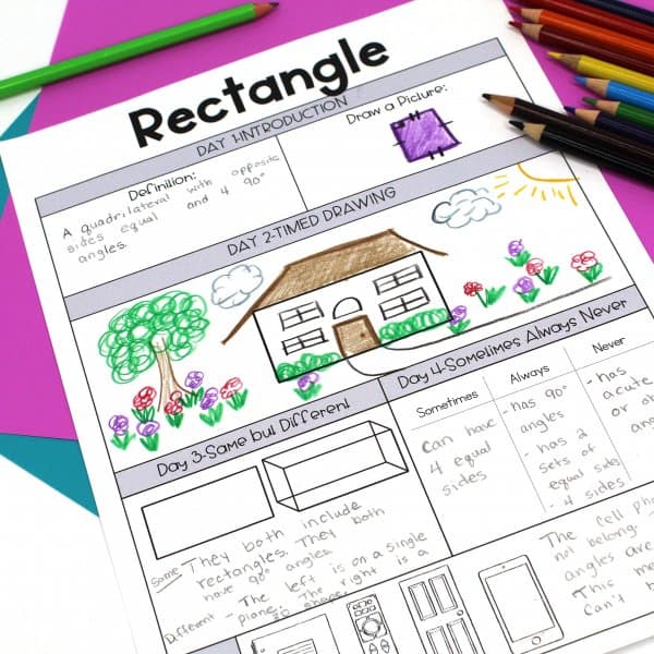 Worksheet for learning about rectangles on table with brightly-colored construction paper and colored pencils