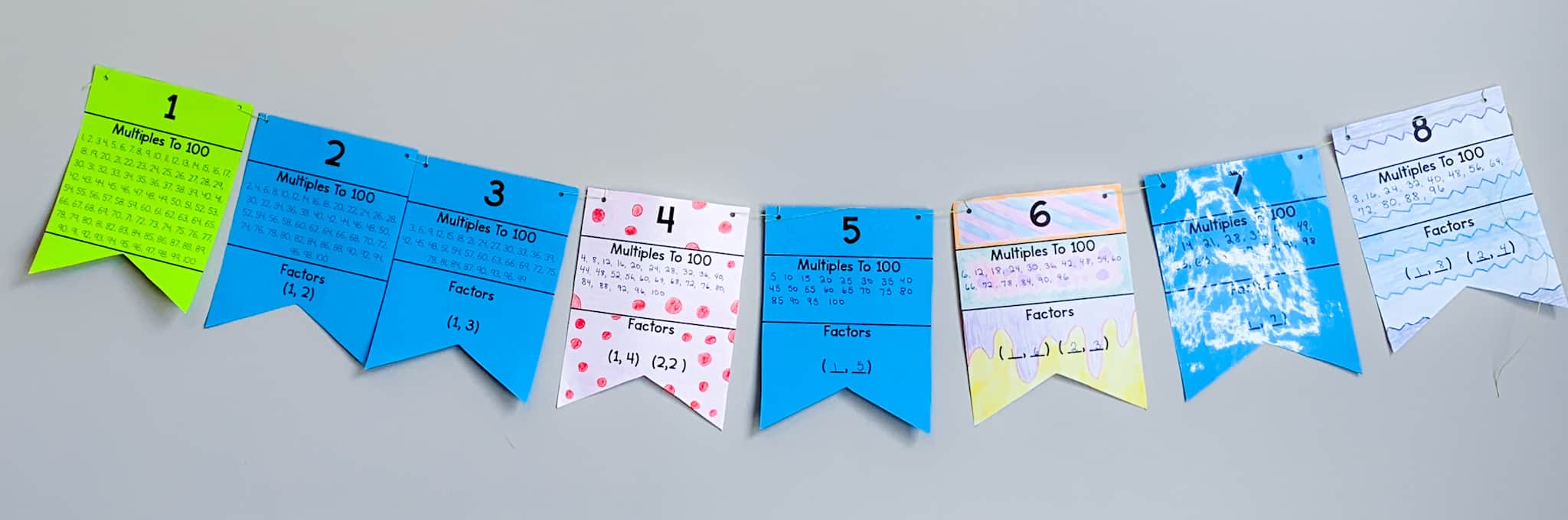 Multiple colorful paper banners to represent multiples and prime numbers