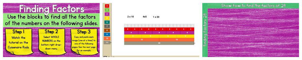 Summary image re-iterating Finding Factors steps and Cuisenaire Rods visual