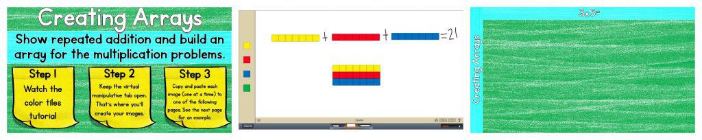 Summary of previous images for Creating Arrays and using addition to learn multiplication