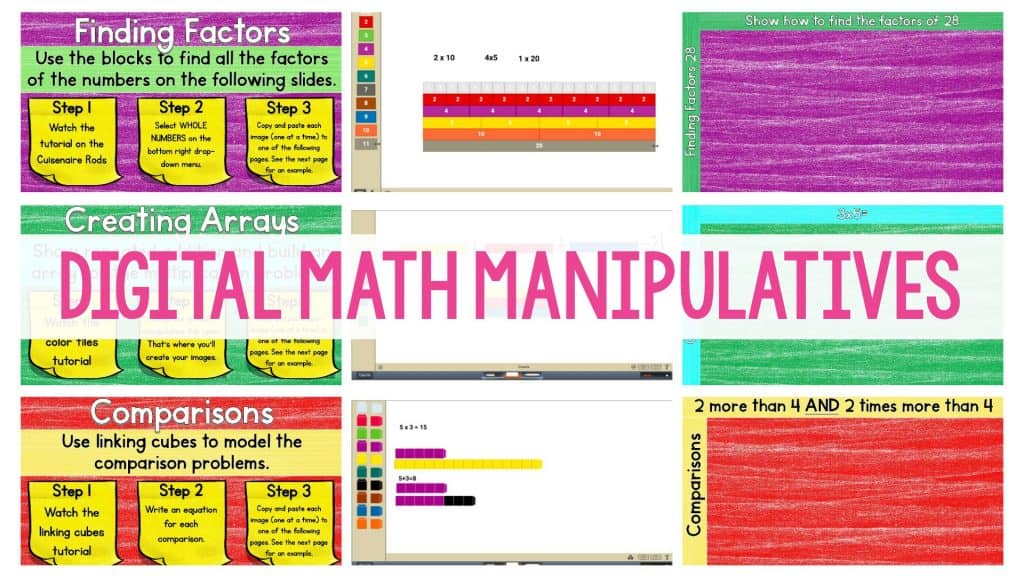 Digital Math Manipulatives header image featuring previews of worksheets