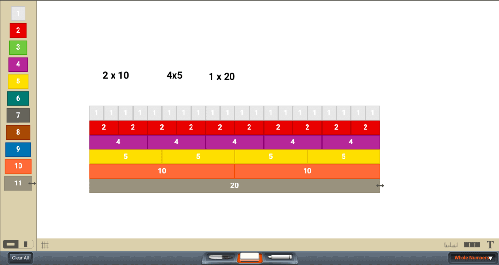 Cuisenaire Rods app screenshot visually displaying multiples in rows of increasingly-larger multiples