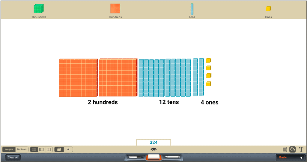 Math learning app screenshot displaying colored block groups to represent hundreds, tens, and ones